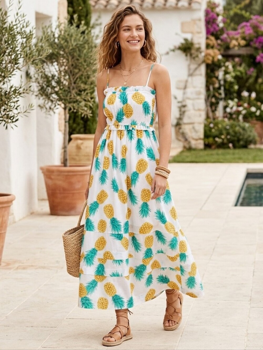 J. Crew White and Yellow Pineapple Print Midi Dress